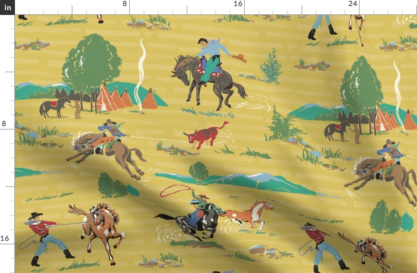 Spoonflower Fabric - Western Cowboy Rustic Horses Ranch Mountains Southwestern Equestrian Printed on Organic Cotton Sateen Fabric by The Yard - Sewing Quilting Apparel Home Decor