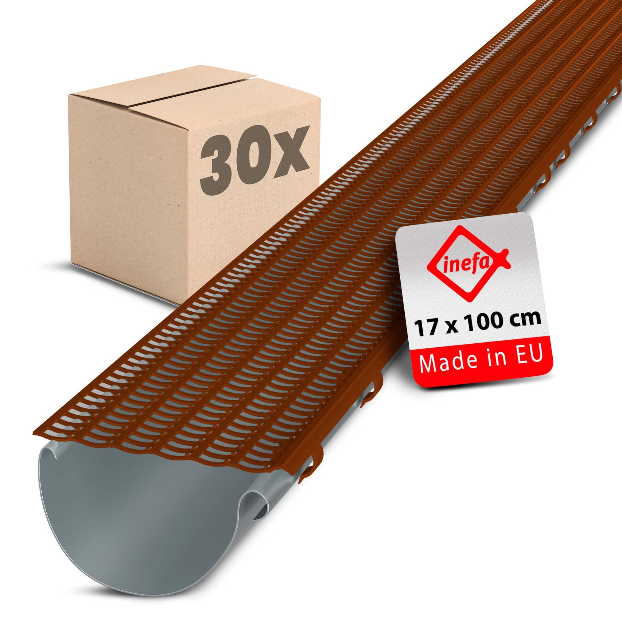 INEFA 30x Leaf Guard Strip Set 100cm (39⅜") Brown NW100-150 (Ø100-160mm (4-6¼")) Gutter Leaf Protection Gutter Cover