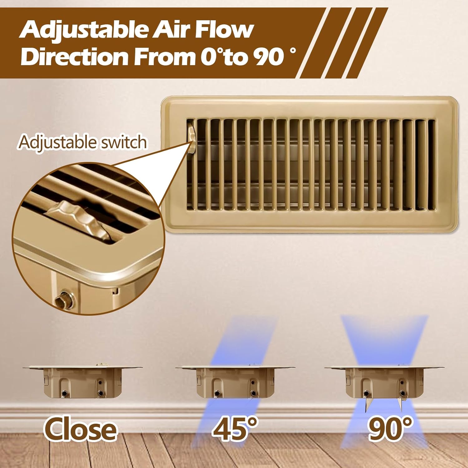 Floor Register 4x10,6 Pack Heavy Duty Steel Vent Covers for Home Floor,Walkable Rust-Resistant Air Vent Covers with Adjustable Airflow, Easy to Install Inserts for Sidewall or Wall(Brown)
