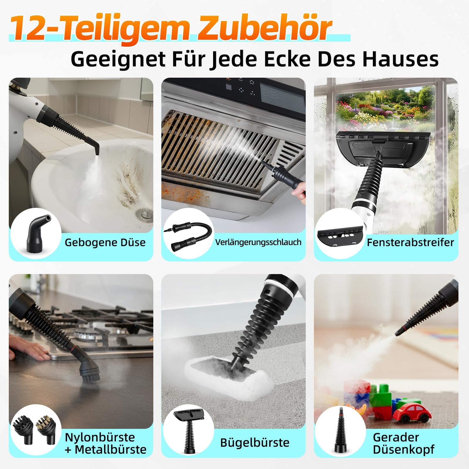 Nettoyeur vapeur, nettoyeur vapeur à main polyvalent pour la maison avec 12 accessoires, pression vapeur 3 bar, 350 ml, 1300 W, nettoyeur vapeur sans produits chimiques pour le nettoyage de la cuisine