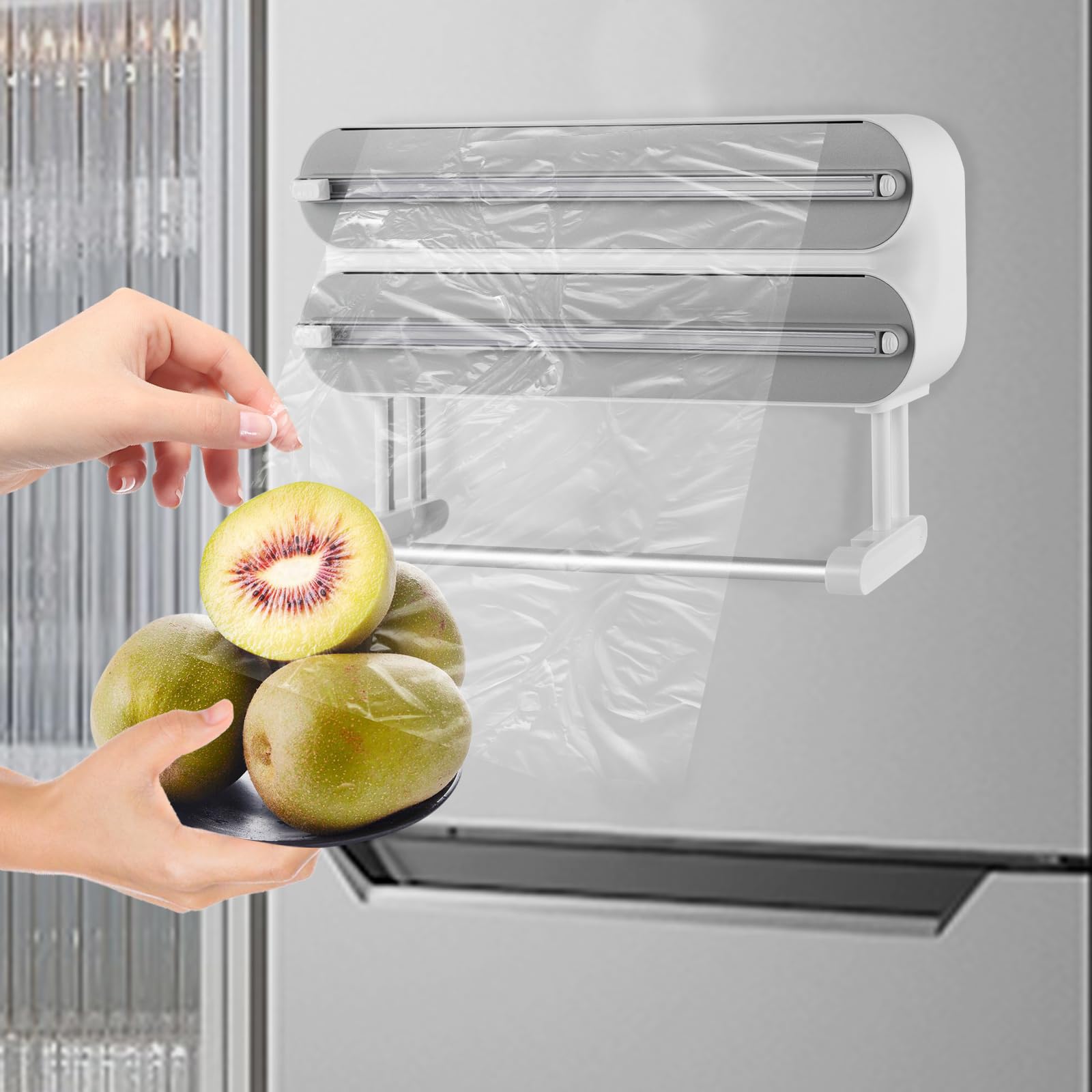 Dispensador de film transparente montado en la pared, con adhesivo de gancho, soporte para rollos de cocina, dispensador de papel de aluminio (gris)