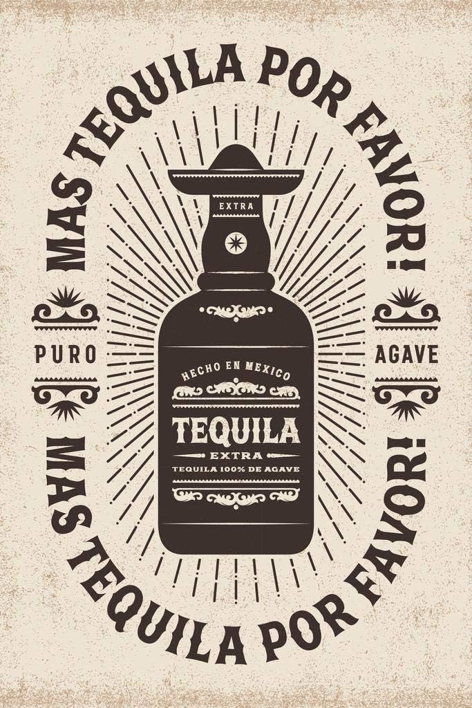 Mas Tequila Por Favor More Tequila Please Puro Agave Vintage Retro Typography Cool Wall Art Print Poster 24x36