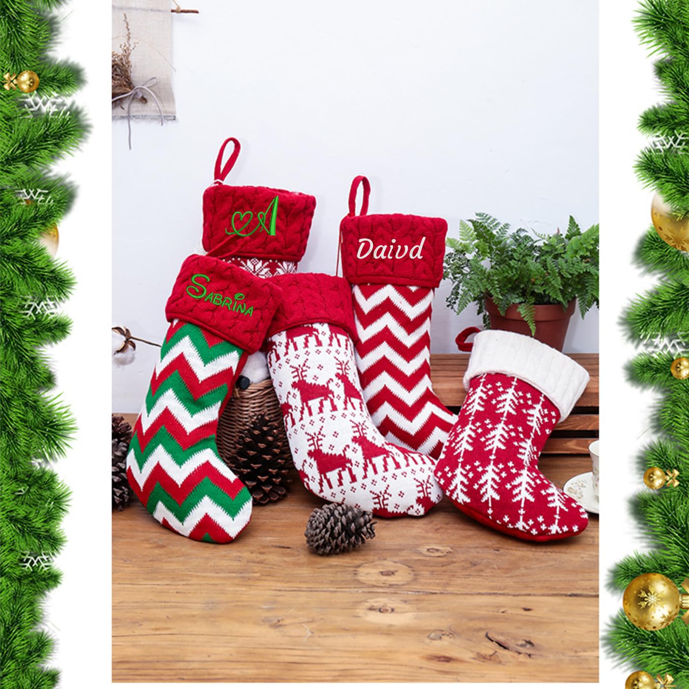 Chaussettes de Noël personnalisées rouges et vertes pour toute la famille, lot de 5 pièces