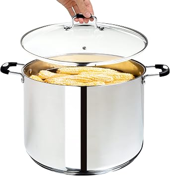 Millvado Stock Pot, Large Stainless Steel 20 Quart StockPot, Large Cooking Pot, Clear Glass Lid and Measurement Markings, Steam Hole, Induction, Gas, Electric Compatible Big Boiling Pot