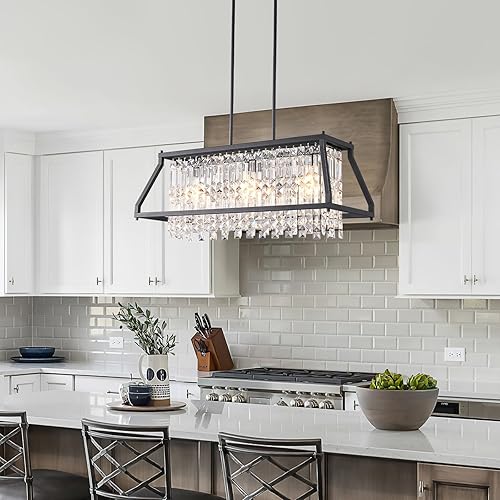 Miniatura 2 de BBLLWJ Lámpara de comedor de 30.7 pulgadas, lámpara de cristal trapezoidal, lámpara industrial de granja, lámpara colgante de cristal de metal negro