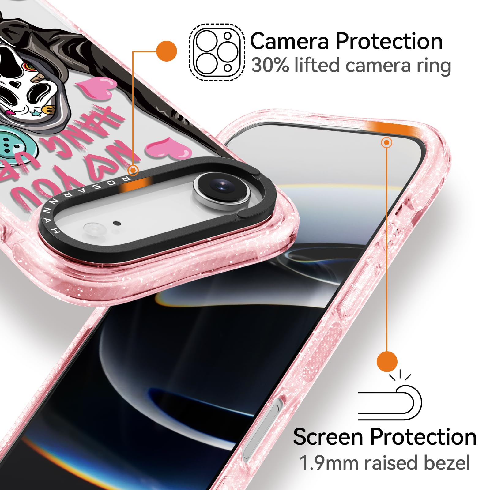 Rosarnnah 17GPR - Bonita funda compatible con iPhone Air, protección contra caídas de grado militar de 20 pies, a prueba de golpes, diseño de esqueleto divertido rosa con purpurina para iPhone Air