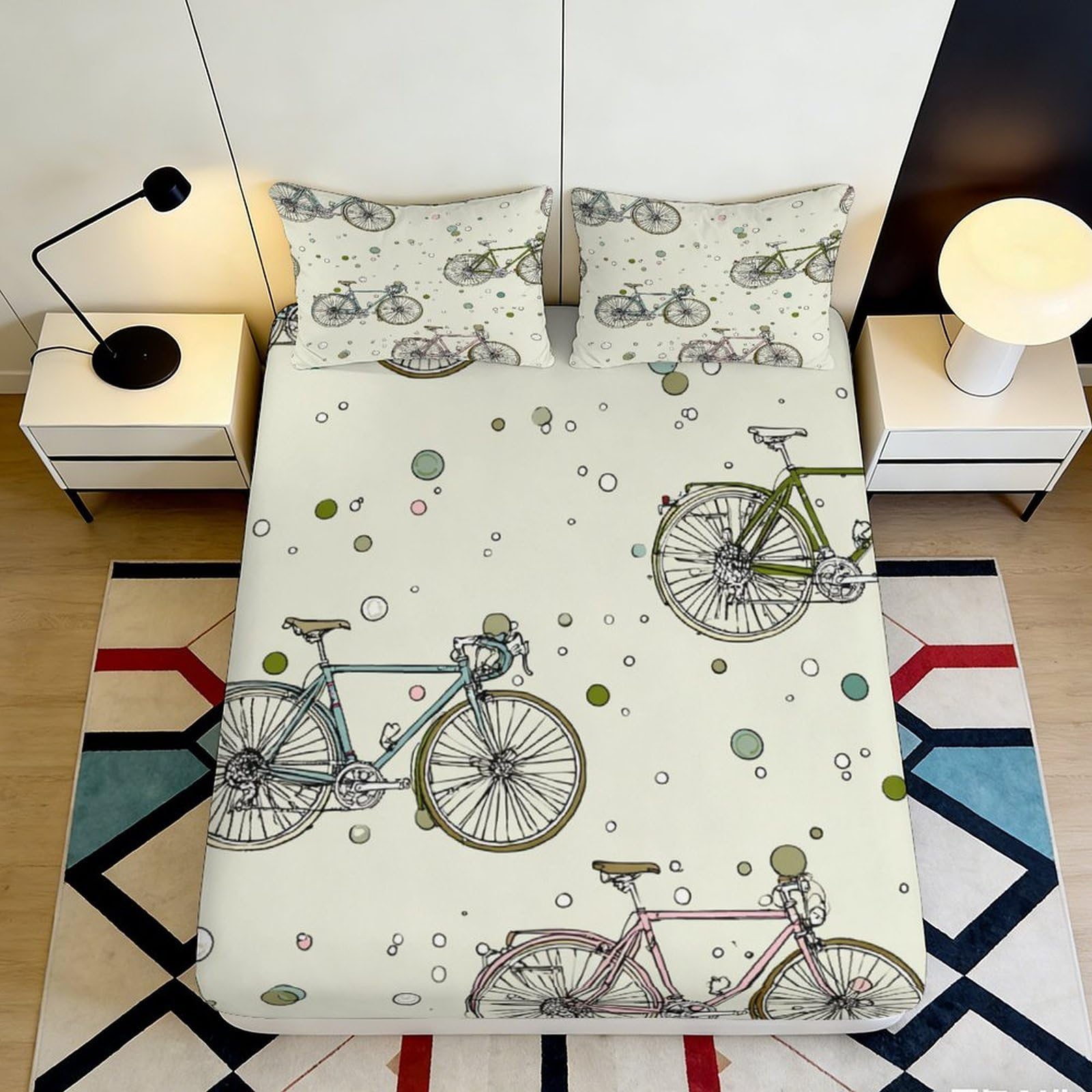 3D Printed Retro Bicycle Fitted Sheet Microfiber Soft Breathable Vintage Bike Bed Cover for Bedroom Dorm Decor 90x200x25cm