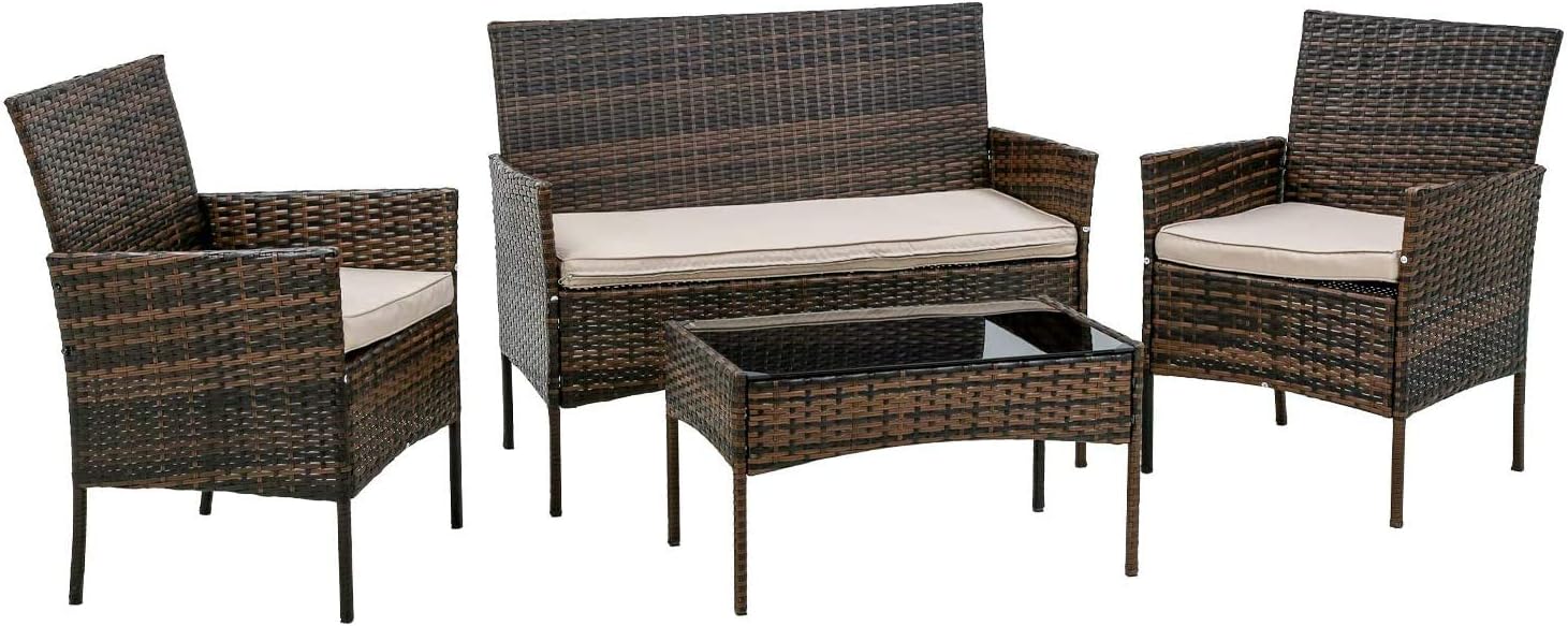 Outdoor Wicker Patio Furniture Sets 4 Pieces Bistro Rattan Furniture Outdoor Sofa Conversation Bistro Sets, Bench Seat Two Rattan Chairs One Glass Top Table Yard Porch Pool or Backyard - Brown