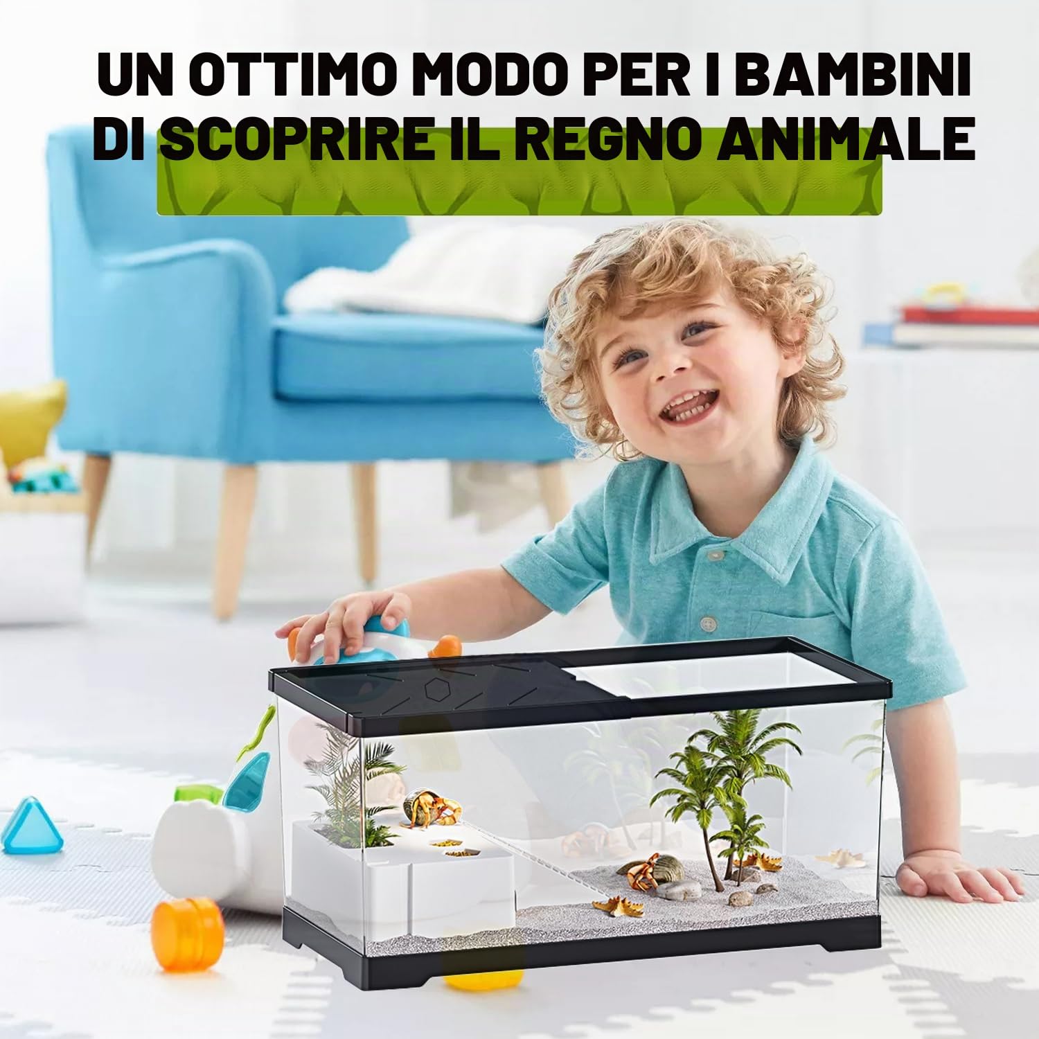 Acquario per tartarughe con drenaggio sul fondo, 20" x 9,5" x 9,5", per tartarughe giovani, gamberi di fiume, granchi, anfibi e rettili (nero)