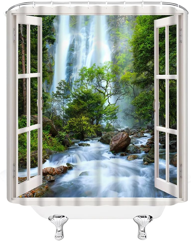 GCTNBJL Waterfall Forest Shower Curtain Tropical Rainforest Jungle Waterfall Nature Scenery Landscape White Window Bathroom Decor Fabric Curtain with Hooks