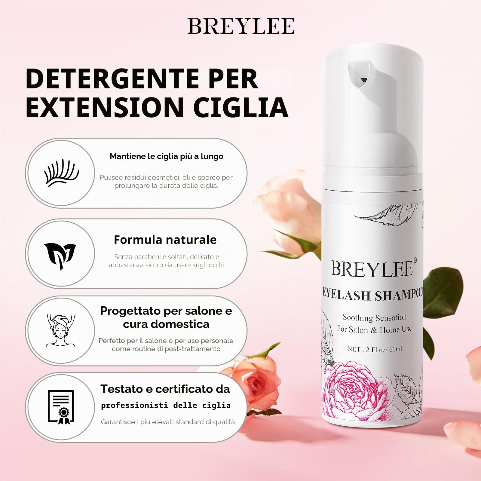 Shampoo Estensione Ciglia 60 ml + Bottiglia Risciacquo + Pennello + Mascara Parete Palpebra BREYLEE Lash, Senza Paraben e Solfati, Schiuma Detergente Trucco