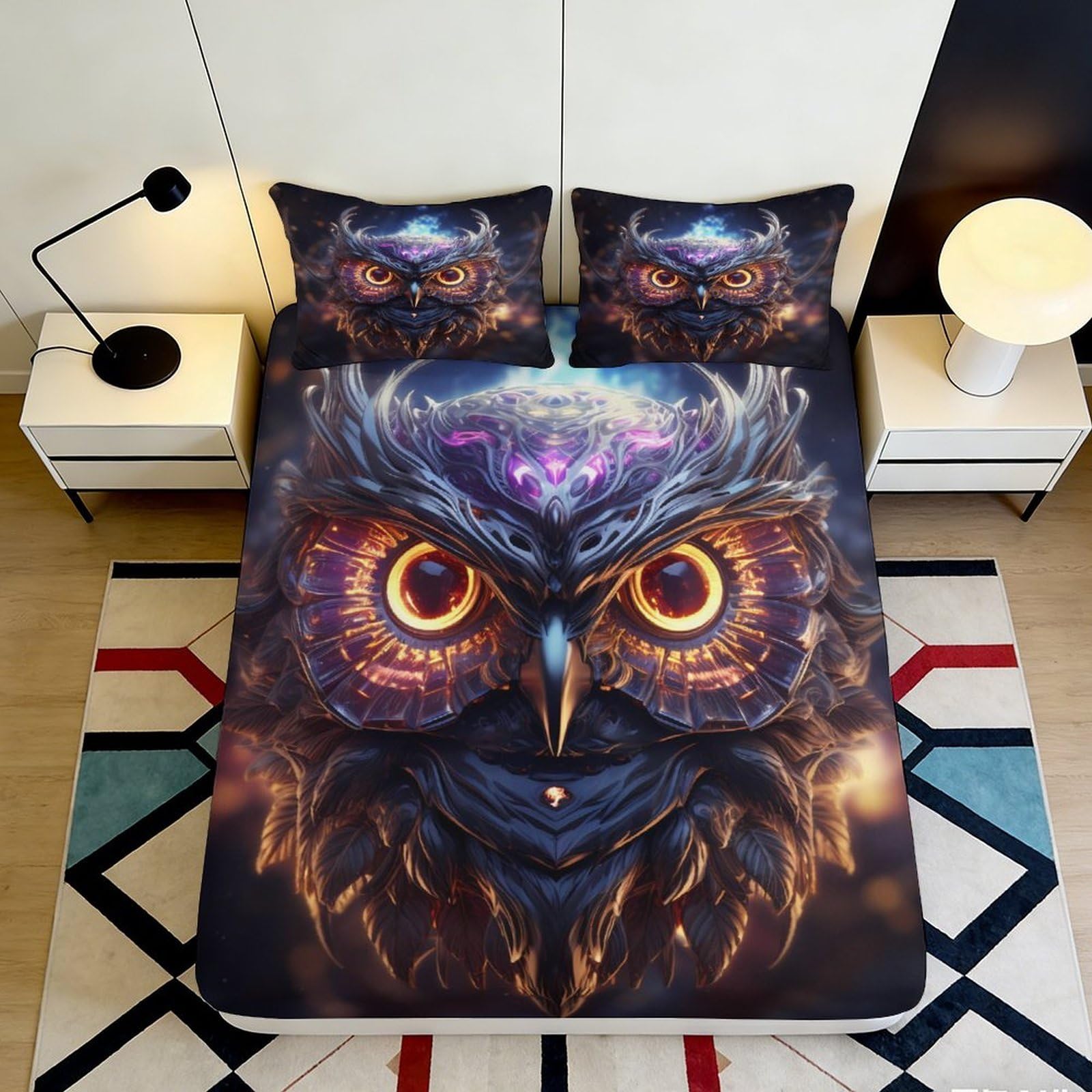 3D Printed Fantasy Owl Fitted Sheet Microfiber Soft Bedroom Decor Mystic Eyes Mattress Cover Washable 90x200x25cm
