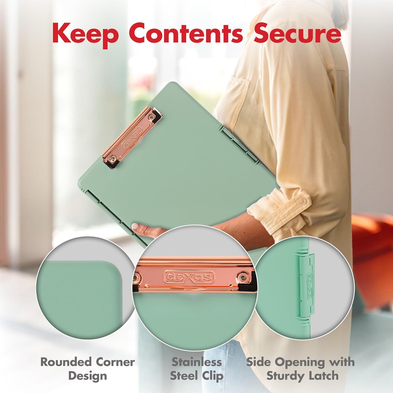 Dexas Slimcase 2 Plastic Clipboard with Storage and Side Opening, Foam Green Rose Gold, Office Supplies Clipboards to Organize, Carry and Store, A4 Holder, Nursing Clipboards