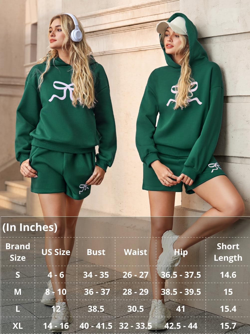Women's Bow Print Matching Lounge Set, Loose Fleece-Lined Hoodie & Shorts with Pockets, Winter Comfy 2 Piece Sets - Image 7