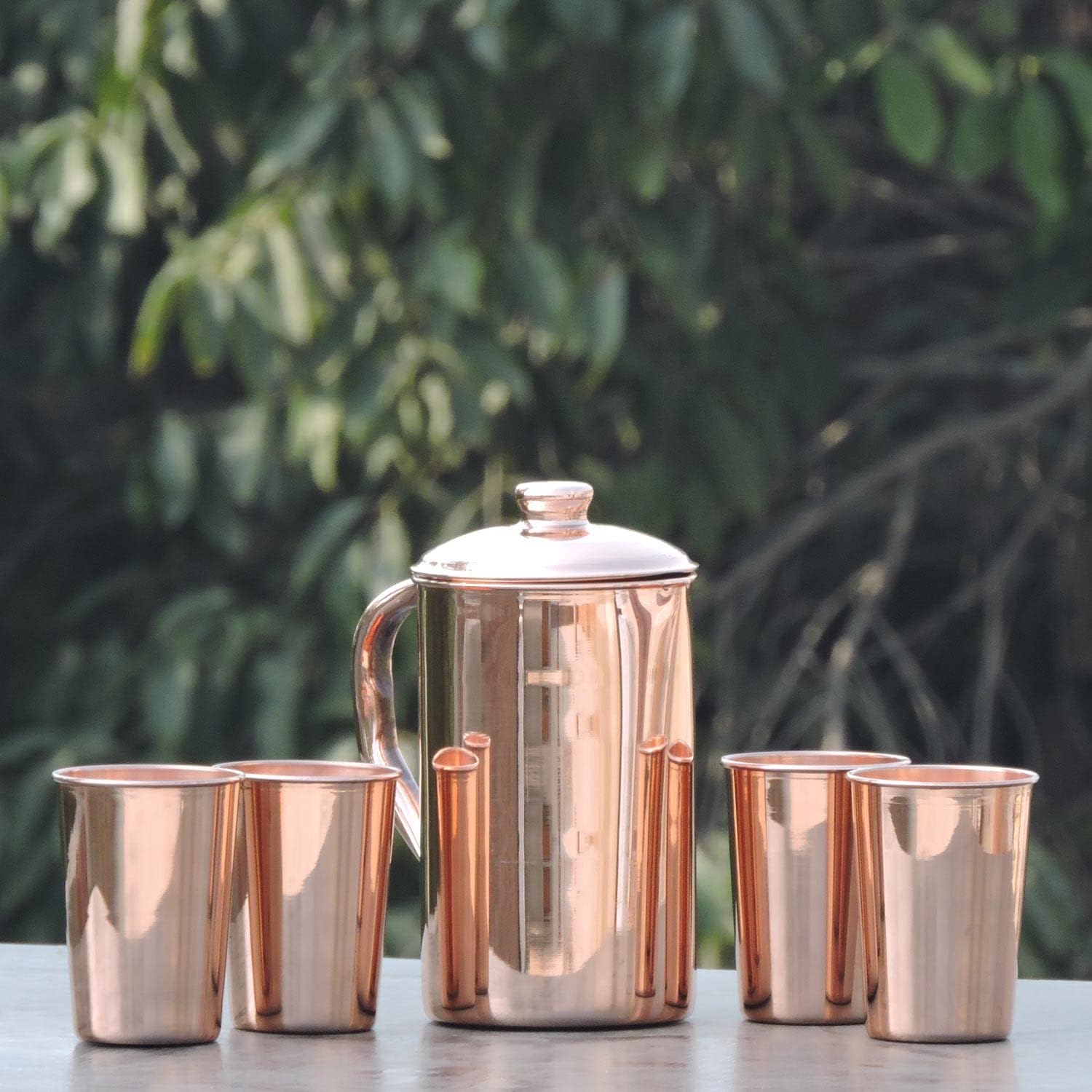 Copper Pitcher (Jug) with 4 Tumblers Glossy 1.5Lt (50.72 US Fl Oz) Capacity, Unlined, Uncoated and Non-Lacquered for Ayurveda Health Benefits made of Pure Copper