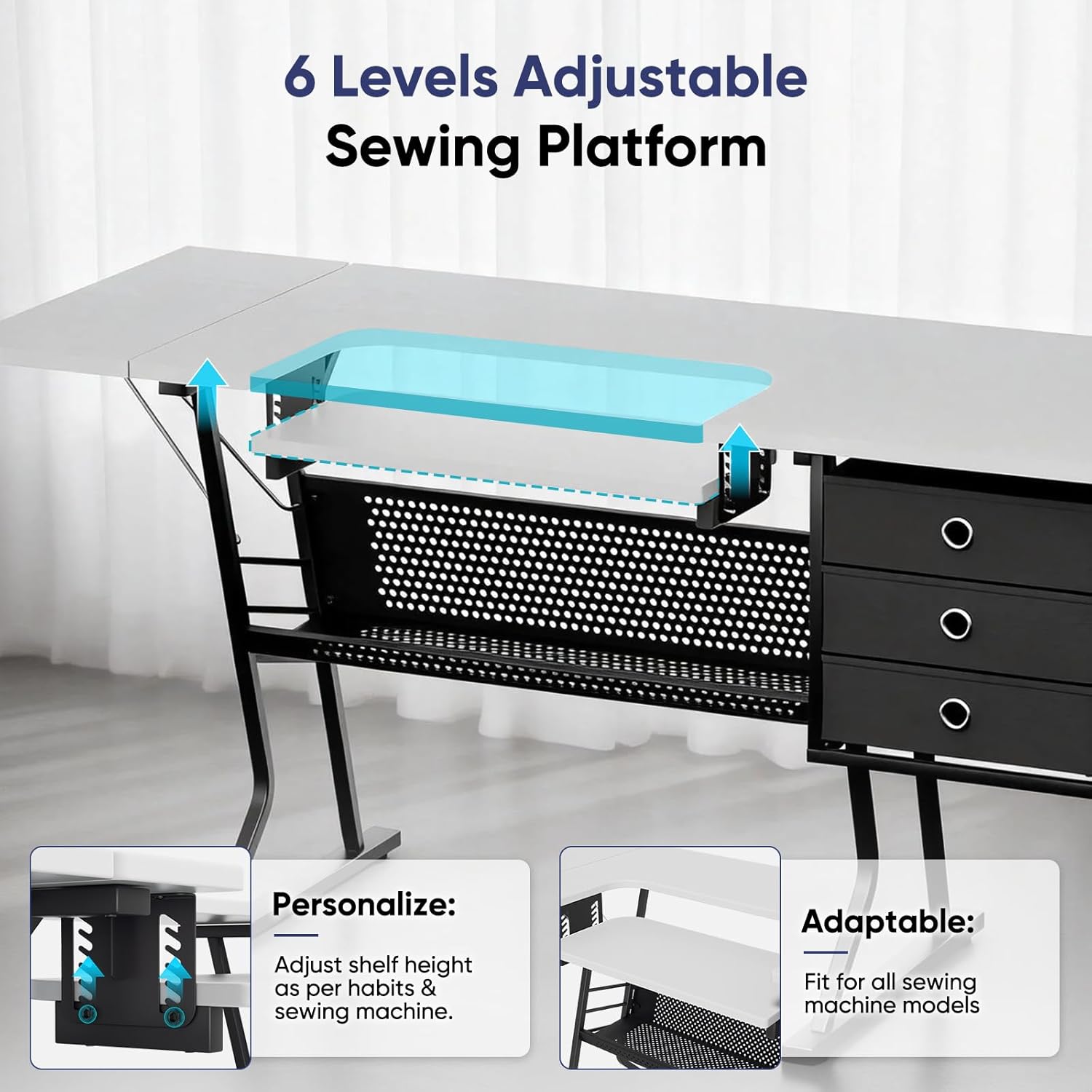 Magshion 60" Sewing Machine Table with Storage, Heavy-Duty Sewing Desk with Adjustable Shelf, 3 Drawers and Open Grid Shelf, Multi-Use Sewing Cabinet & Craft Table, 305-Lb Capacity, Black/White