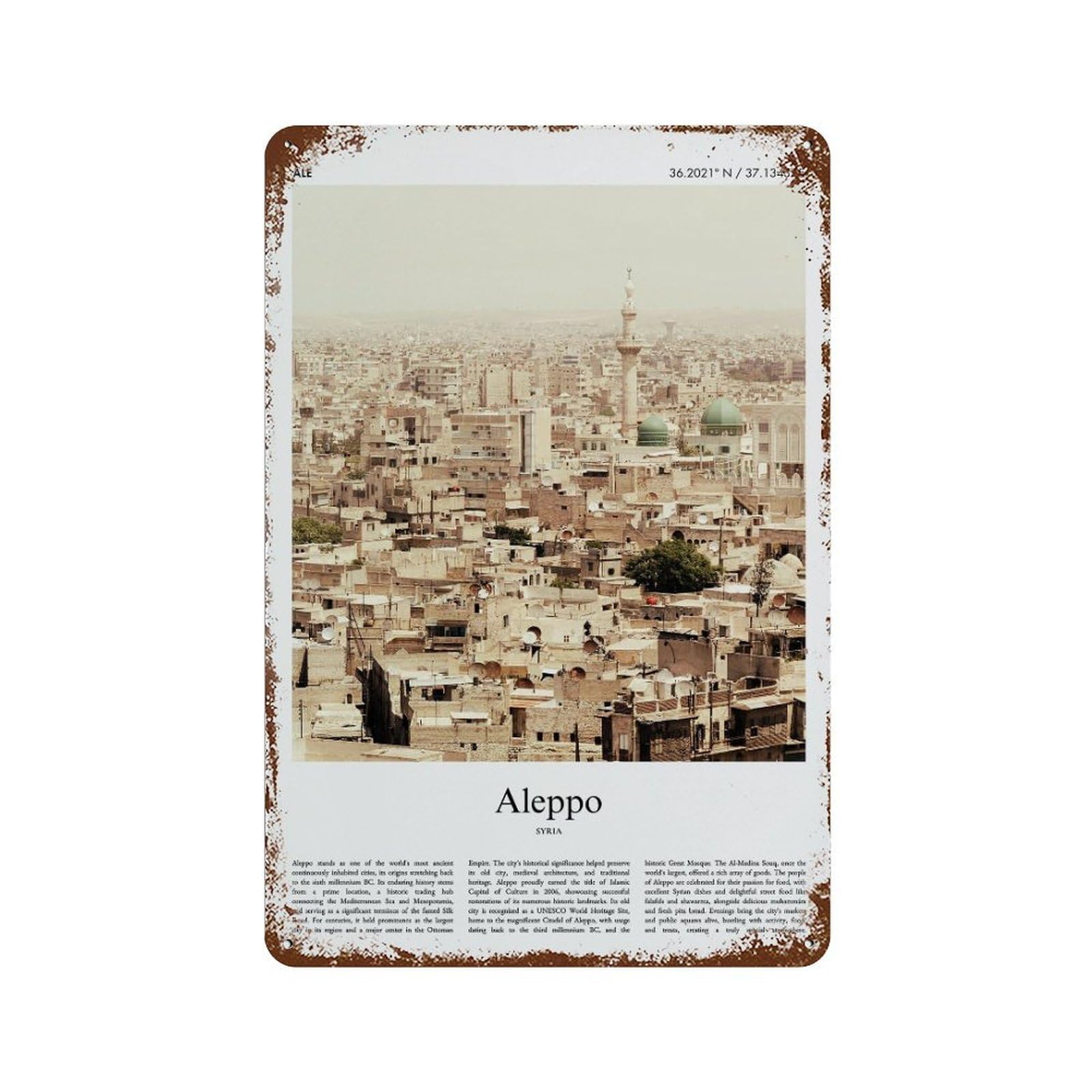 xiaoxiaoshen Aleppo Syria City Scenery Wall Decor Art Metal Tin Poster Modern Home Decor Art Home Bar Shop Decorations Vintage Sign 30x20cm
