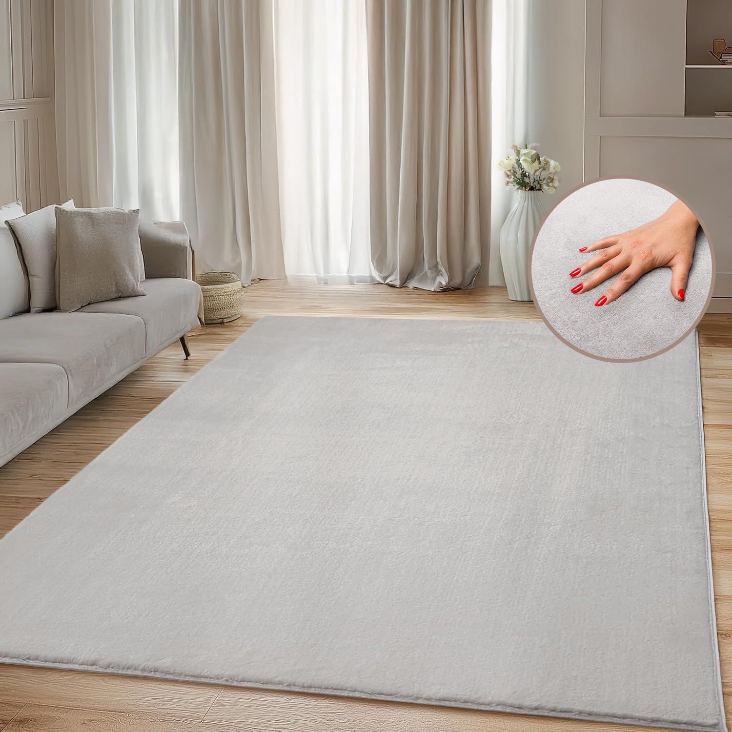 Tapis à poils courts - Gris - 160 x 220 cm - Lavable - Doux - Antidérapant - Pour salon, chambre à coucher - Aspect fourrure - Facile d'entretien - Tissu plat moderne et élégant - Couleur unie