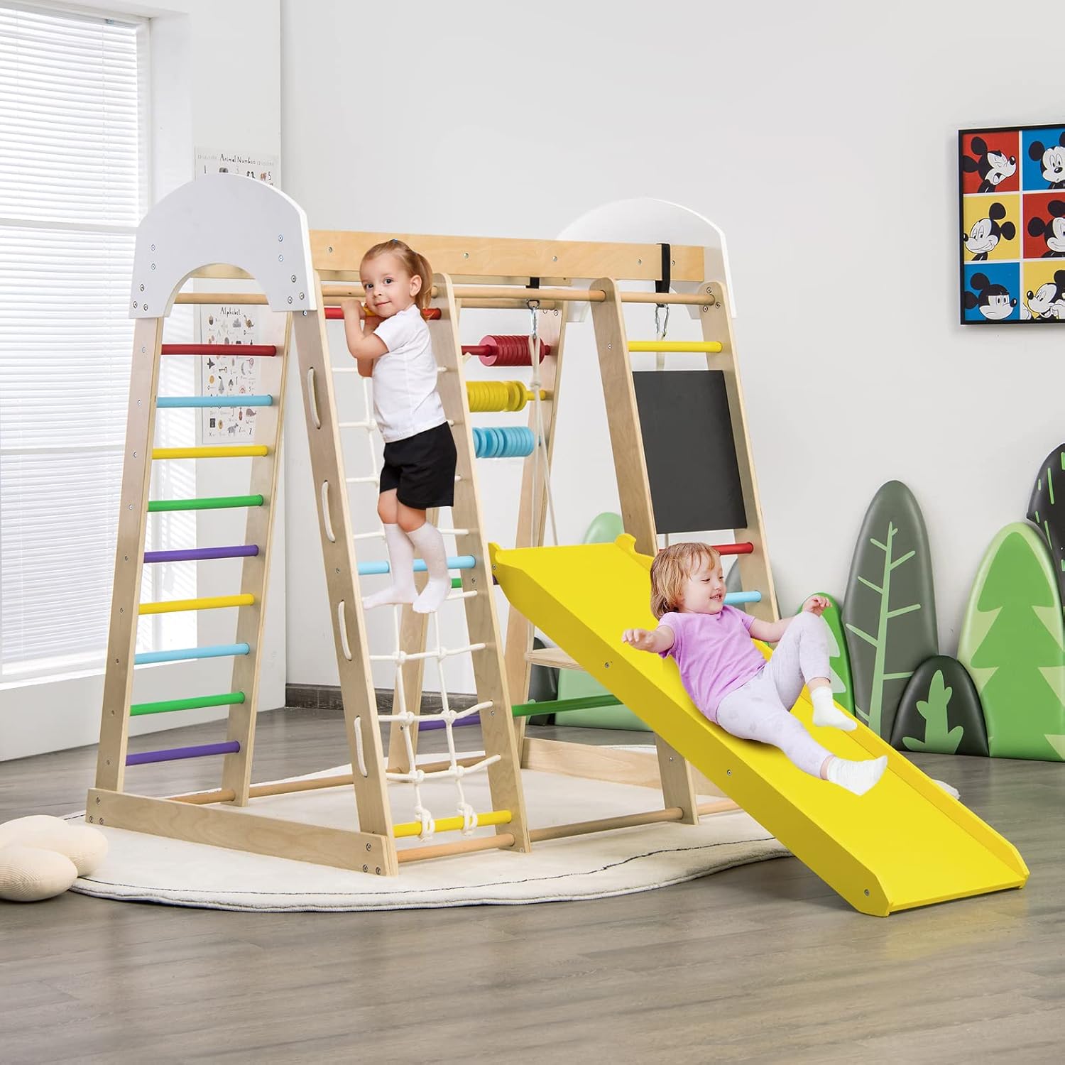 Costzon Indoor Playground, 8-in-1 Montessori Jungle Gym Beech Wood Climbing Toys for Toddlers w/Double-Sided Slide, Climbing Rock/Net, Indoor Playground Climber Playset for Kids 3+ Years (Rainbow)