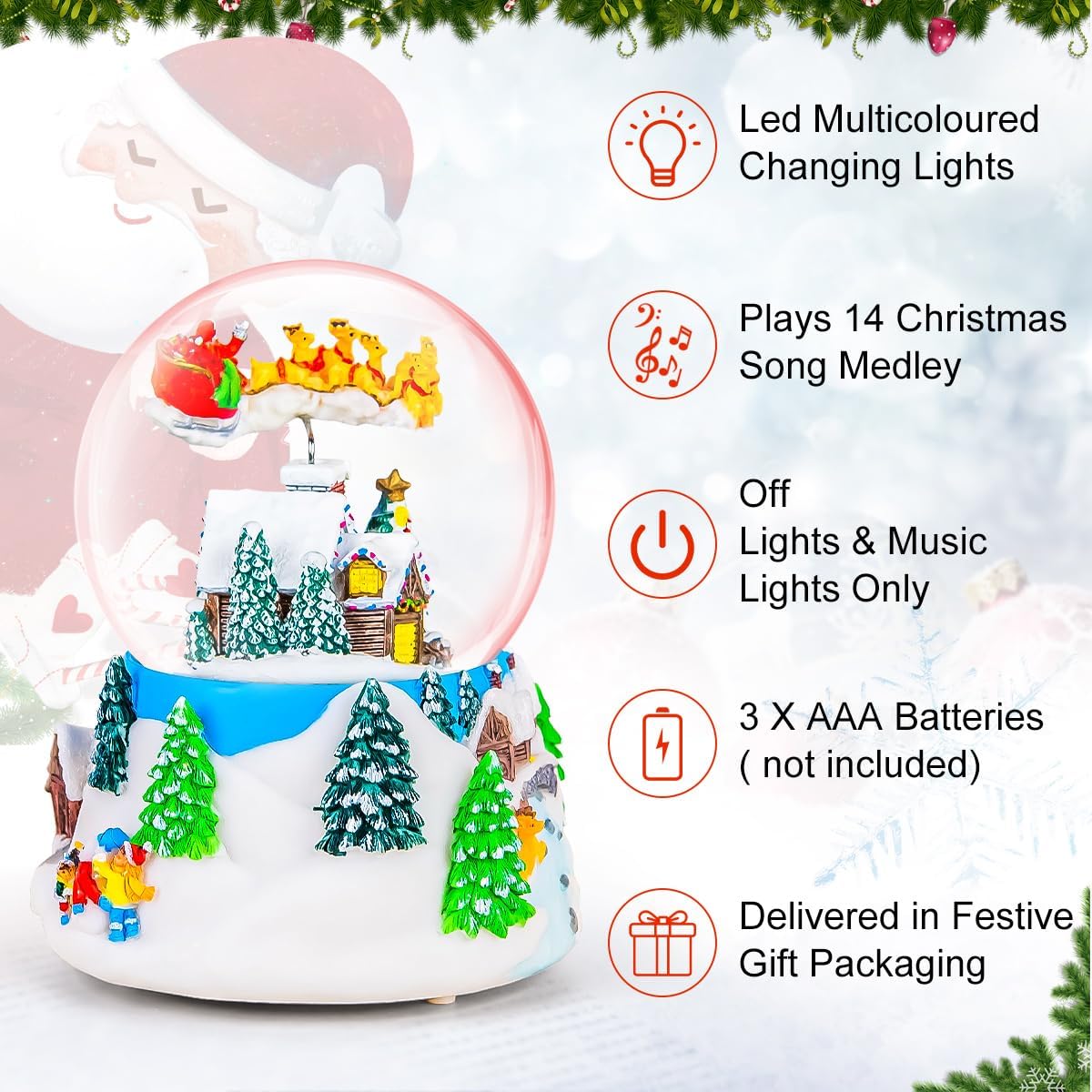 Christmas Music Box Snow Globe Gift, Musical Rotating Santa Claus Flying Over Village Glitter Xmas Present for Girls Women Girlfriend Daughter Son Granddaughter, Plays 14 Christmas Songs