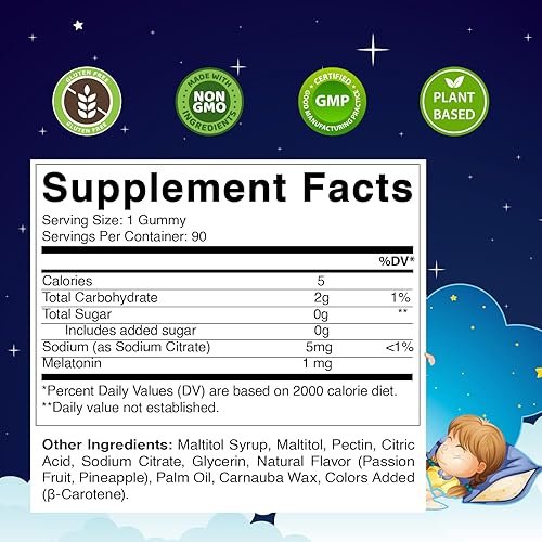 Miniatura 2 de Vitamatic Melatonina sin azúcar para niños, 1 mg, 90 gomitas, 60 gomitas con sabor a piña y maracuyá, suministro para 90 días