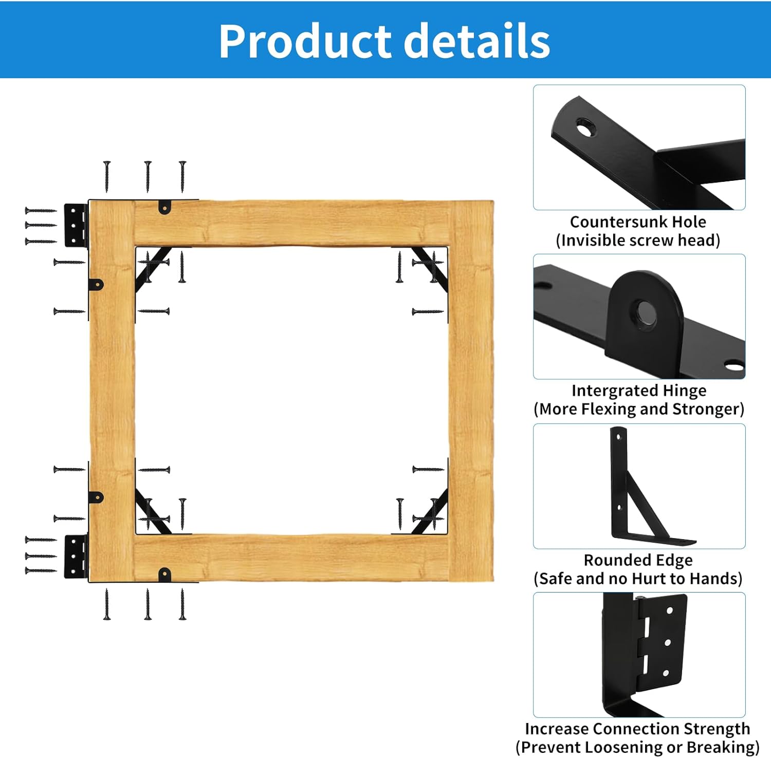 Anti-Sag Door Kit with Self-Locking Latch Wooden Fence Door Corner Support Bracket (2 Sets, Black)