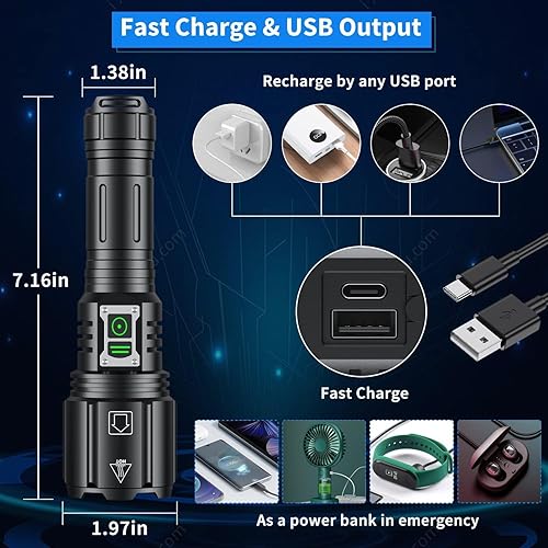 Miniatura 5 de Linterna recargable súper brillante de 4200.000 lúmenes altos, linternas LED potentes con 6 modos, linterna de alta potencia con IP67 impermeable,