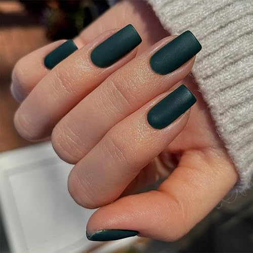 KQueenest Matte Forest Green Press on Nails Short Medium Square,