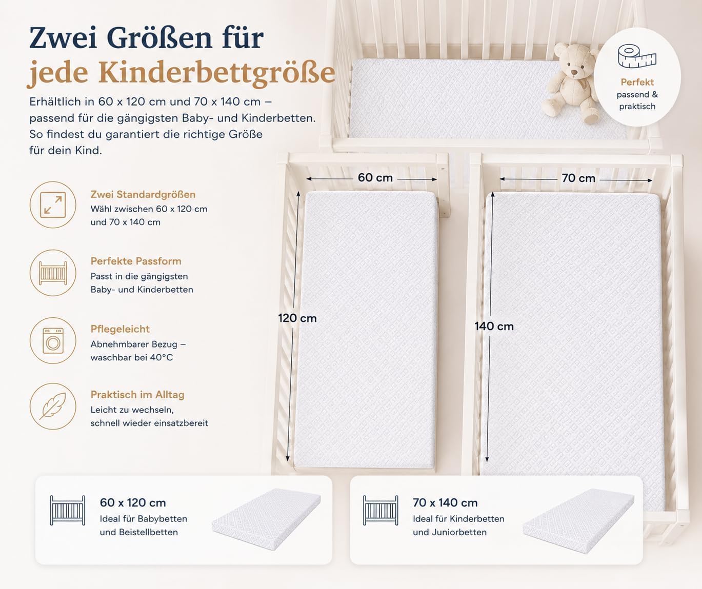 Matratze Maxi 70x140 | kindermatratze - 100% Polycotton Einfach Waschbarer Bezug | kinderrollmatratze | Tragbar Matratze fur Kider | kindermatratze