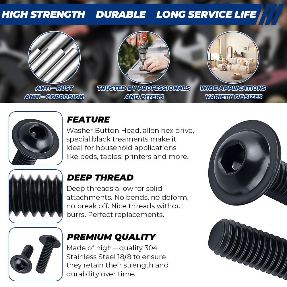 M3-0.5 x 12mm Flanged Button Head Socket Cap Screws (100 Pcs), 304 Stainless Steel 18/8, Black Oxide Coated, Allen Hex Drive, Fayeploo (with hex Wrench)