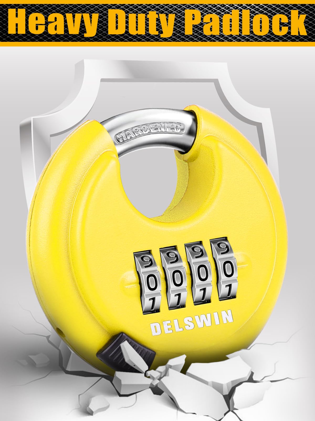 DELSWIN Candado de disco de combinación de 4 dígitos con grillete de acero endurecido para cobertizos, unidad de almacenamiento, taquilla de gimnasio escolar y valla (amarillo, 1 unidad)