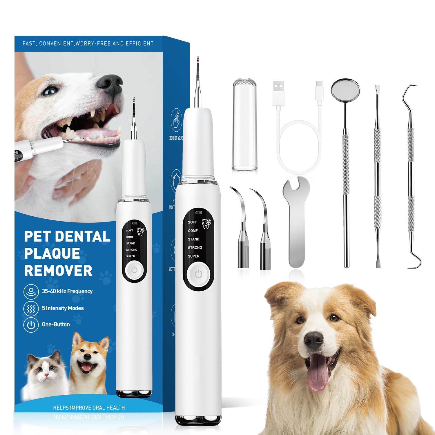 Dog Teeth Cleaning Kit Dog Plaque and Tartar Remover with LED Light 5 Adjustable Modes Electric Toothbrush Pet