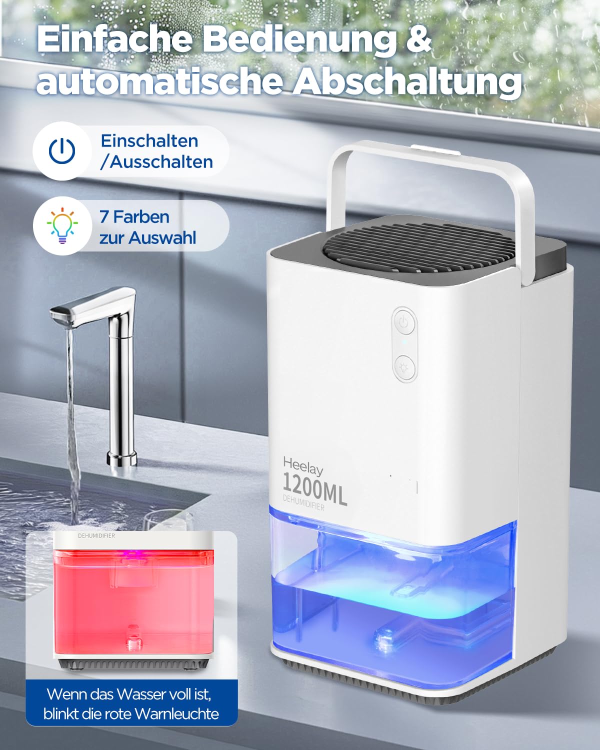 Deumidificatore，1200 ml deumidificatore casa silenzioso Piccolo elettrico Basso consumo 7 colori LED Portatile Spegnimento automatico Bagno Armadio Camera da letto Ufficio Camper Bianco
