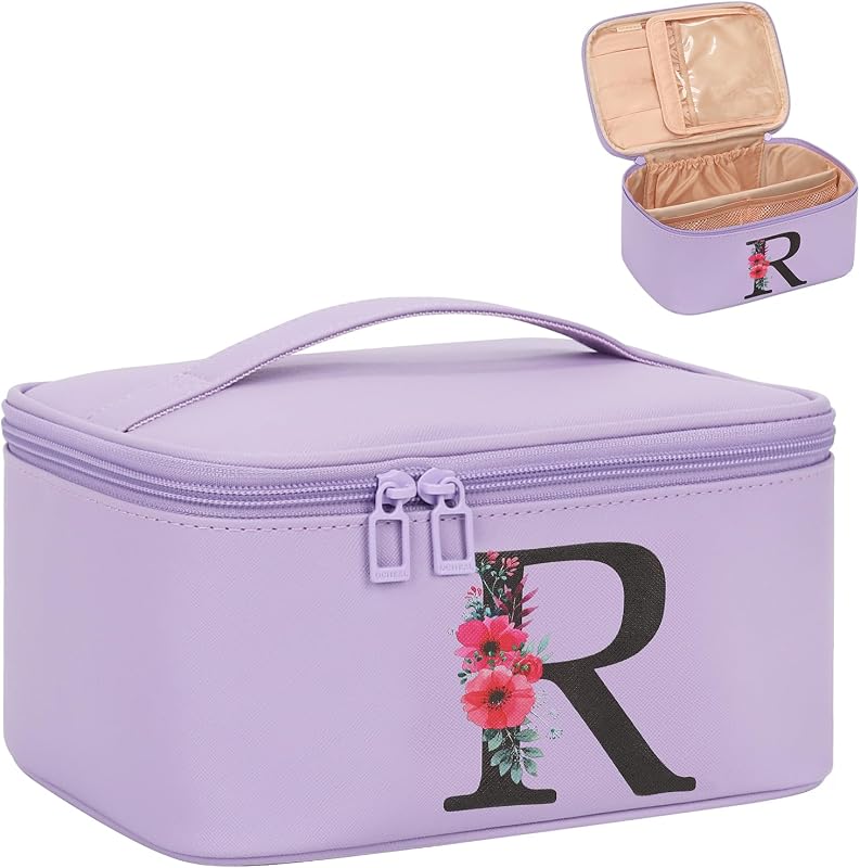 Necessaire de maquiagem OCHEAL com inicial, preta, estojo organizador com suporte para pincéis, Modelo R, 1 unidade