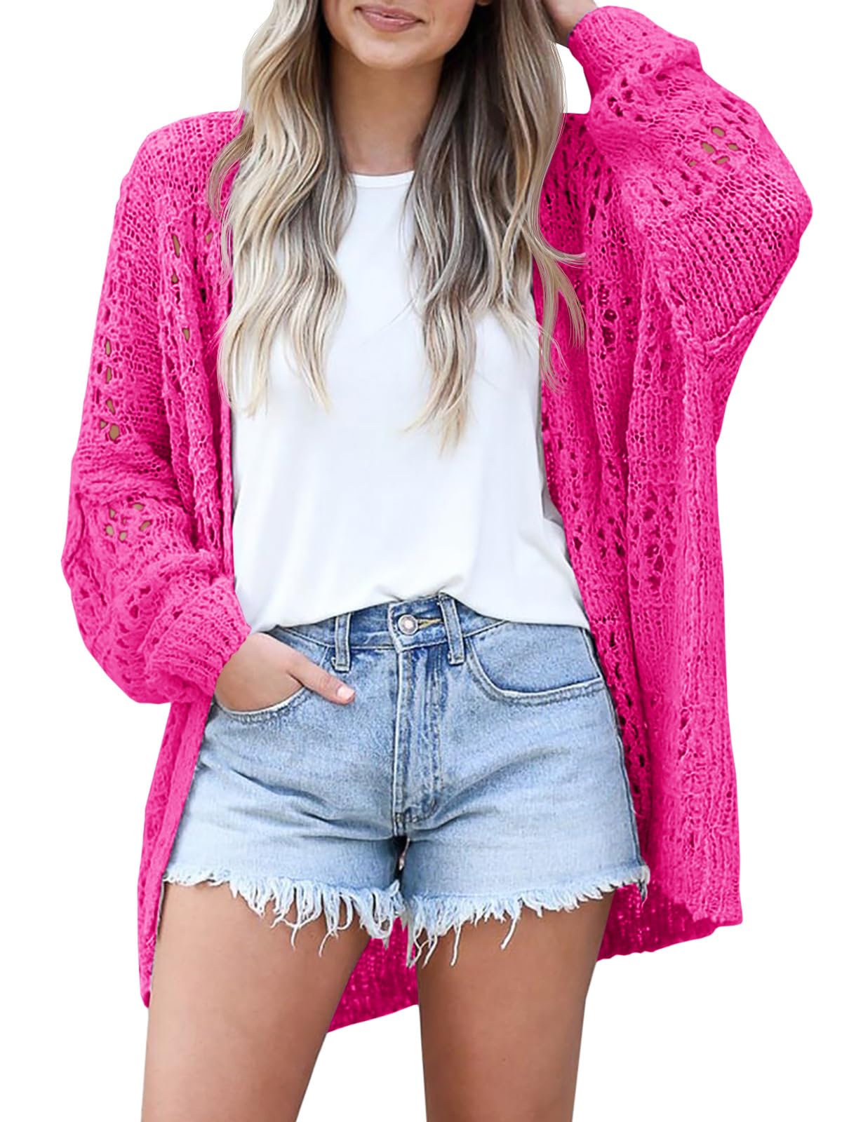 Ermonn Womens Crochet Cardigan Sweater Kimonos Boho Solid Color Oversized Spring Open Front Outwear