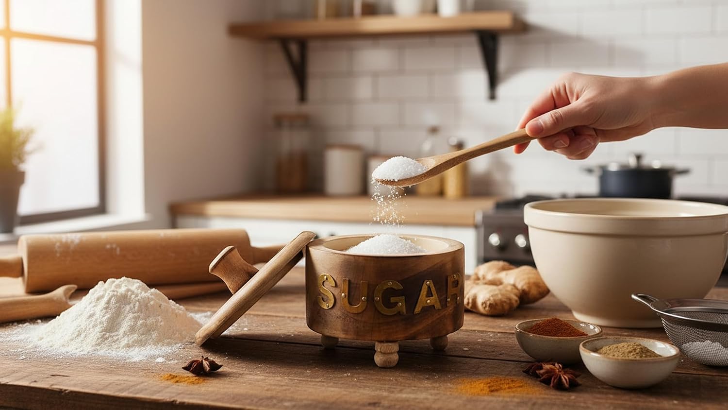 Wooden Sugar Bowl with Lid Rustic Spice Jar Tea Storage Condiment Holder