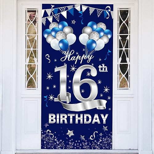 Cartel azul plateado para puerta de cumpleaños número 16, decoración para puerta de cumpleaños de 16 años, suministros de fiesta para niños,