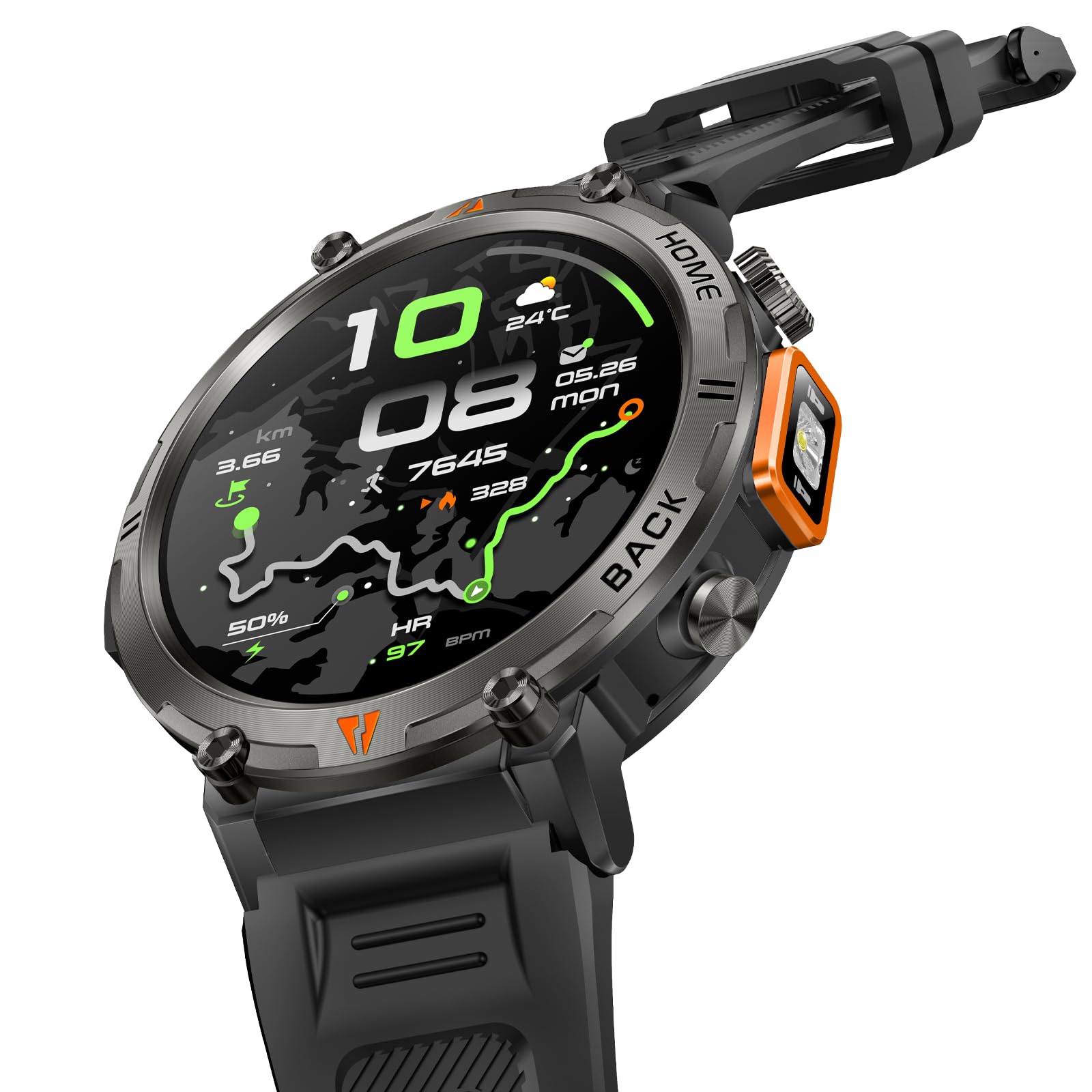 Foxhawk Smart Watch militare con localizzatore GPS, 1,44 pollici HD robusto Smart Watch con torcia a LED bussola, 3ATM impermeabile Smartwatch tattico per iOS Android, orologio fitness da uomo