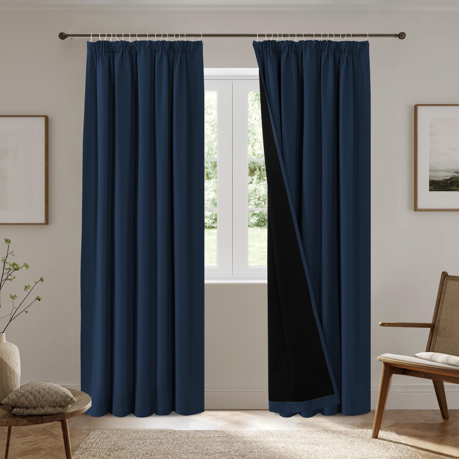 H.Versailtex 100% Blackout Curtains 90 inch Length Long Drapes for Bedroom Living Room Blackout Darkening Curtain Thermal Insulated Back Tab Rod Pocket, W90 X L90Inch, 2 Panels, Navy