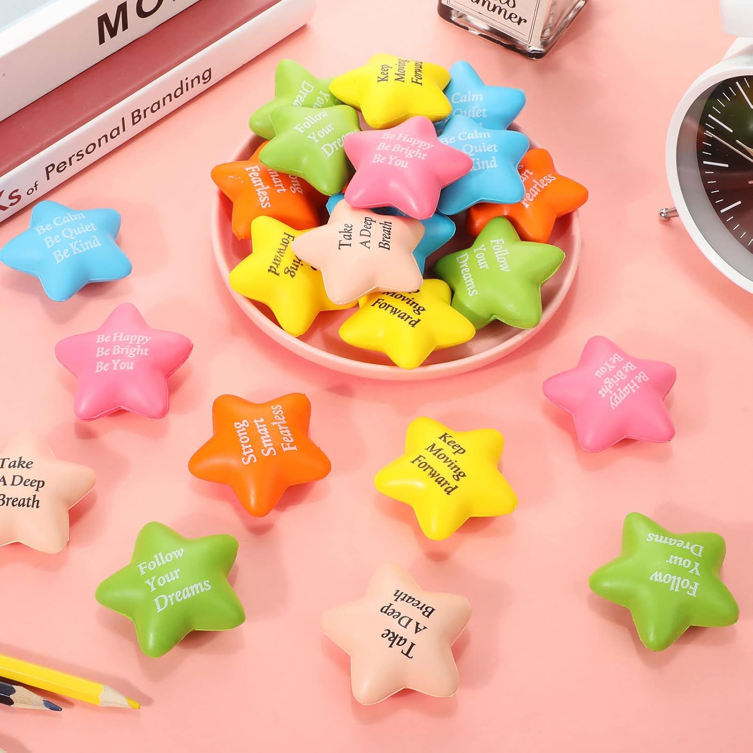 Aoriher 36 Pcs Motivational Stress Balls Quotes Inspirational Funny Colorful Foam Balls Hand Exercise Stress Relief Gifts for Office Small Anxiety Toys for Relief Motivating Supply (Star)