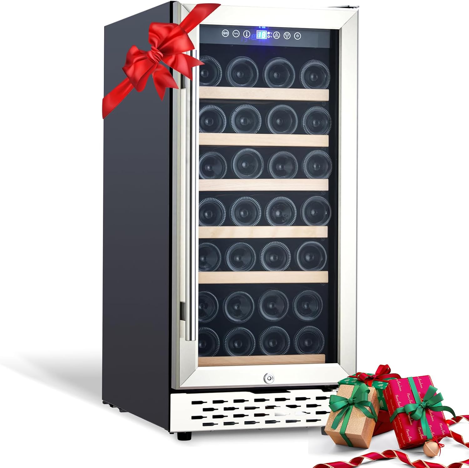 PrecisionAuto 15 inch Compressor Wine Cooler Refrigerator With Lock, 28 Bottle Freestanding Wine Cellar, Dual Zone Wine Fridge With Digital Temperature Control Glass Door, Beverage Refrigerator Cooler