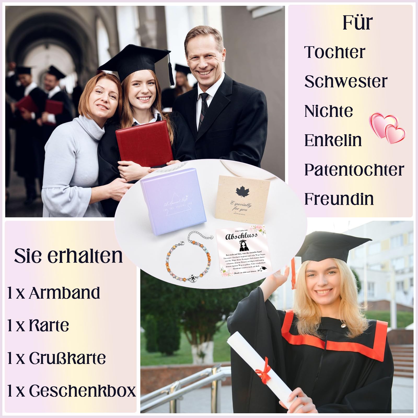 Abschluss Armband, Geschenke zum Abi für Mädchen, Armband mit Kompass als Geschenk zum Abitur Schulabschluss Bachelor Master Abschluss für Tochter Schwester Enkelin Nichte Freundin Mitschülerin