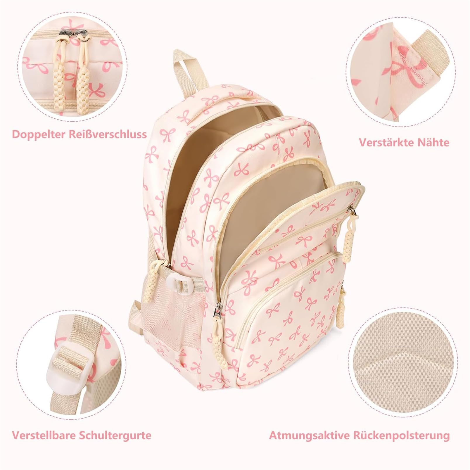 Schulrucksack Set 3-teilig mit Schleifen – Coquette Stil Rucksack für Teenager Mädchen, Aesthetic Schultasche geeignet für 5. Klasse & Laptops bis 15,6 Zoll (Rosa)