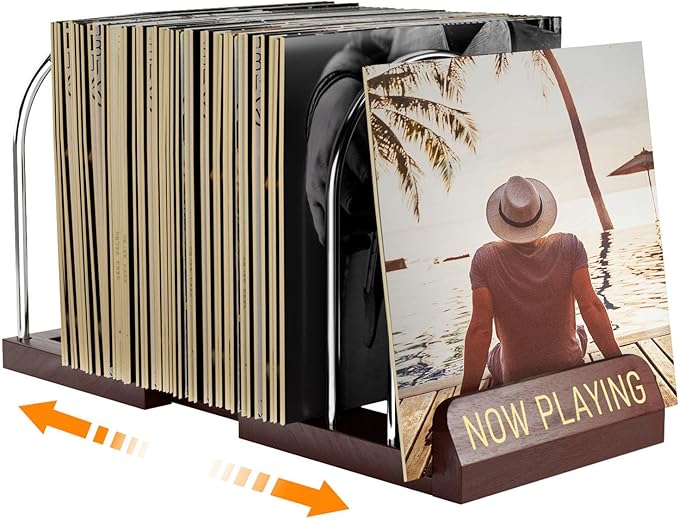 HULISEN Expandable Vinyl Record Storage, 30-70 LPs Adjustable Now Playing Record Holder for Albums, Wood Now Spinning Vinyl Record Stand Display Rack Organizer, Gift Package, Effortless Assembly