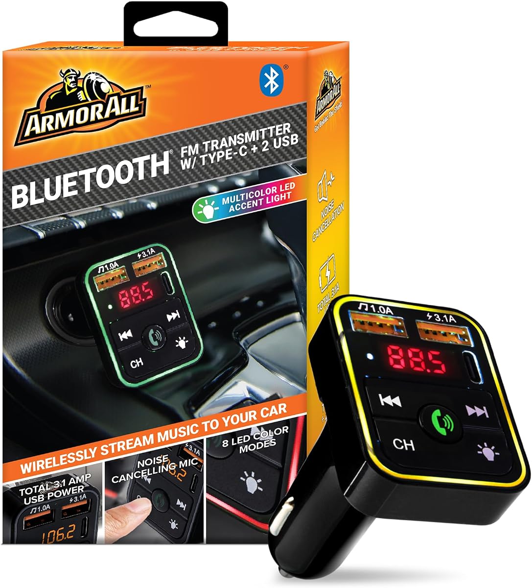 Bluetooth FM Transmitter for Car Cigarette Lighter, Hand Free Call with Built in Noise Canceling Microphone & Answer/Hang-up Button, 2 USB-A Ports, USB-C Port, Flash Drive Port, 8 LED Modes