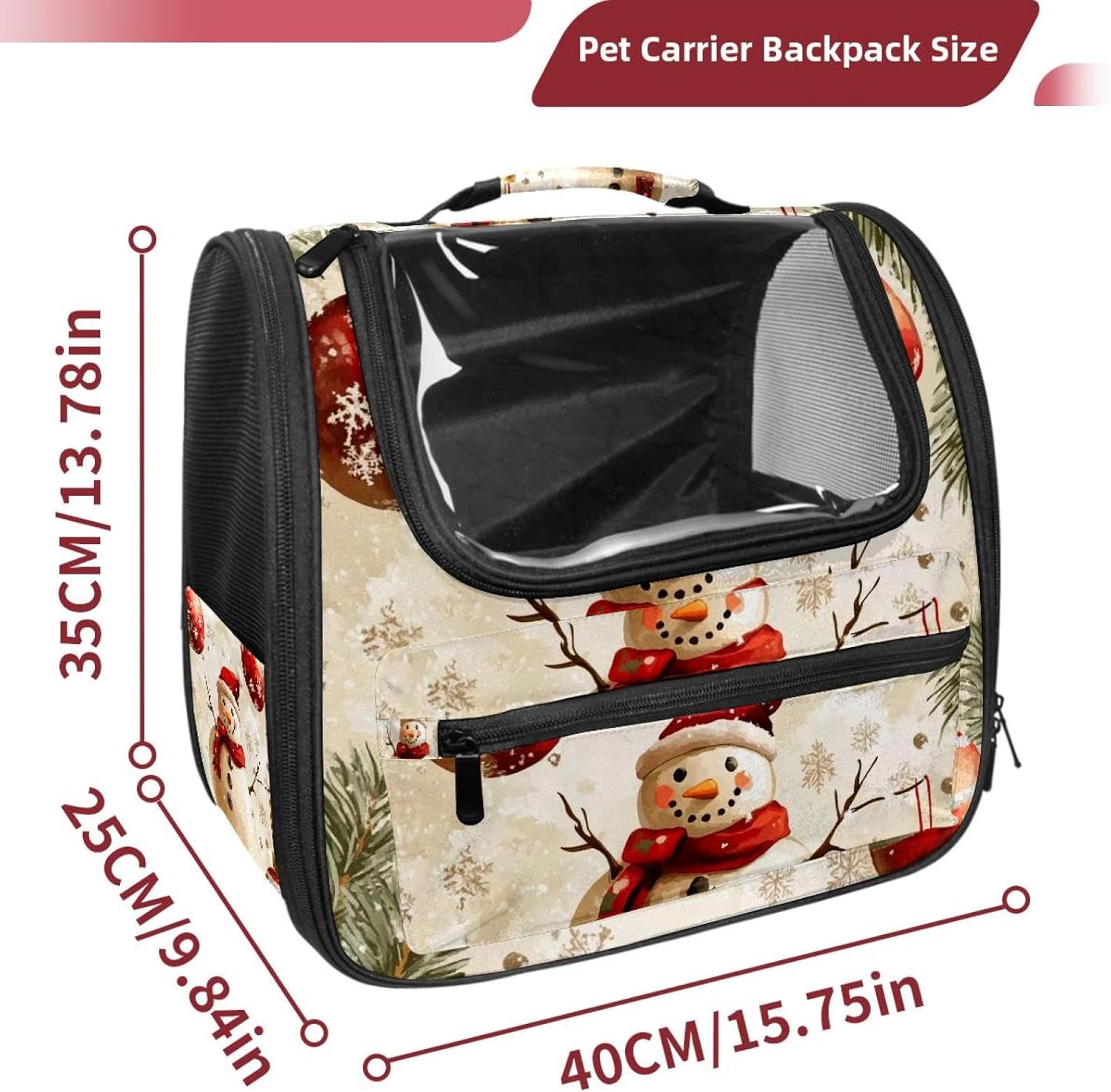Merry Christmas Snowman Pet Carrier Airline Approved Soft Sided Portable Cozy Travel Pet Bag, Car Seat Safe Carrier for Cats and Dogs