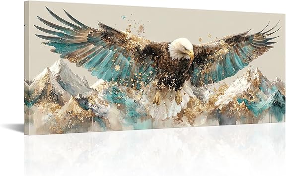 Conipit Eagle Wall Art Teal and Gold Canvas Print Mountain Landscape Pictures Flying Eagle with Spread Wings Wall Decor Framed 16x40