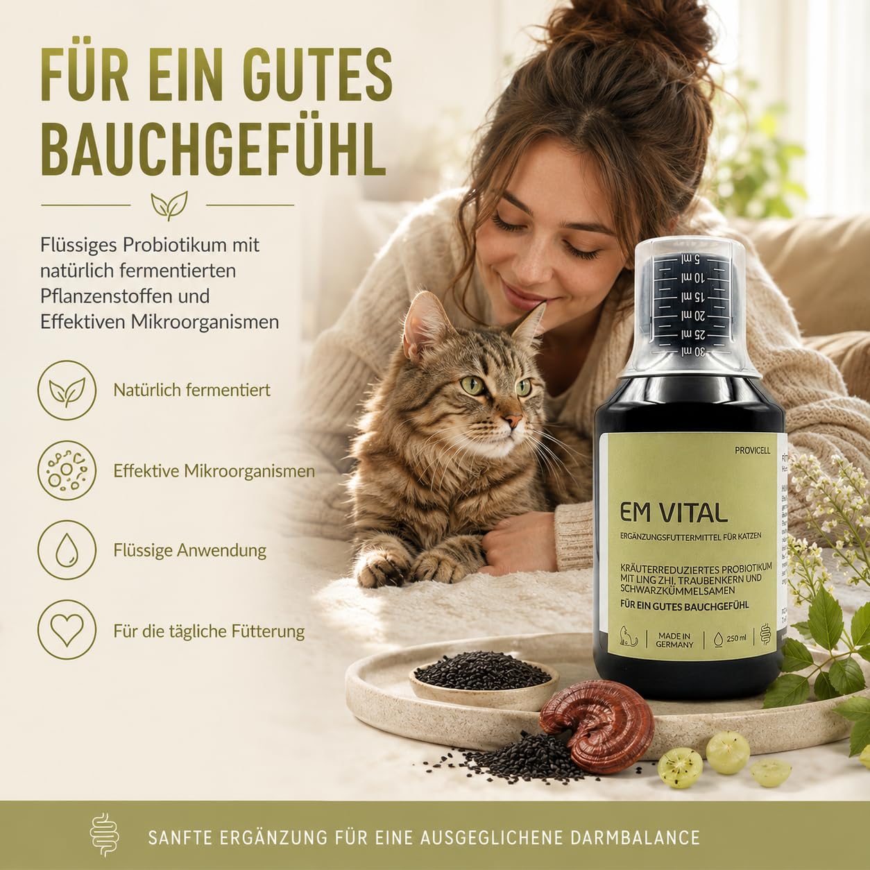 EM Vital Katze 250 ml - Premium Probiotika für Katzen Flüssig – zur Unterstützung der Darmflora – Fermentierte Pflanzenstoffe mit Mikroorganismen – Ohne Zusatzstoffe - Made in Germany