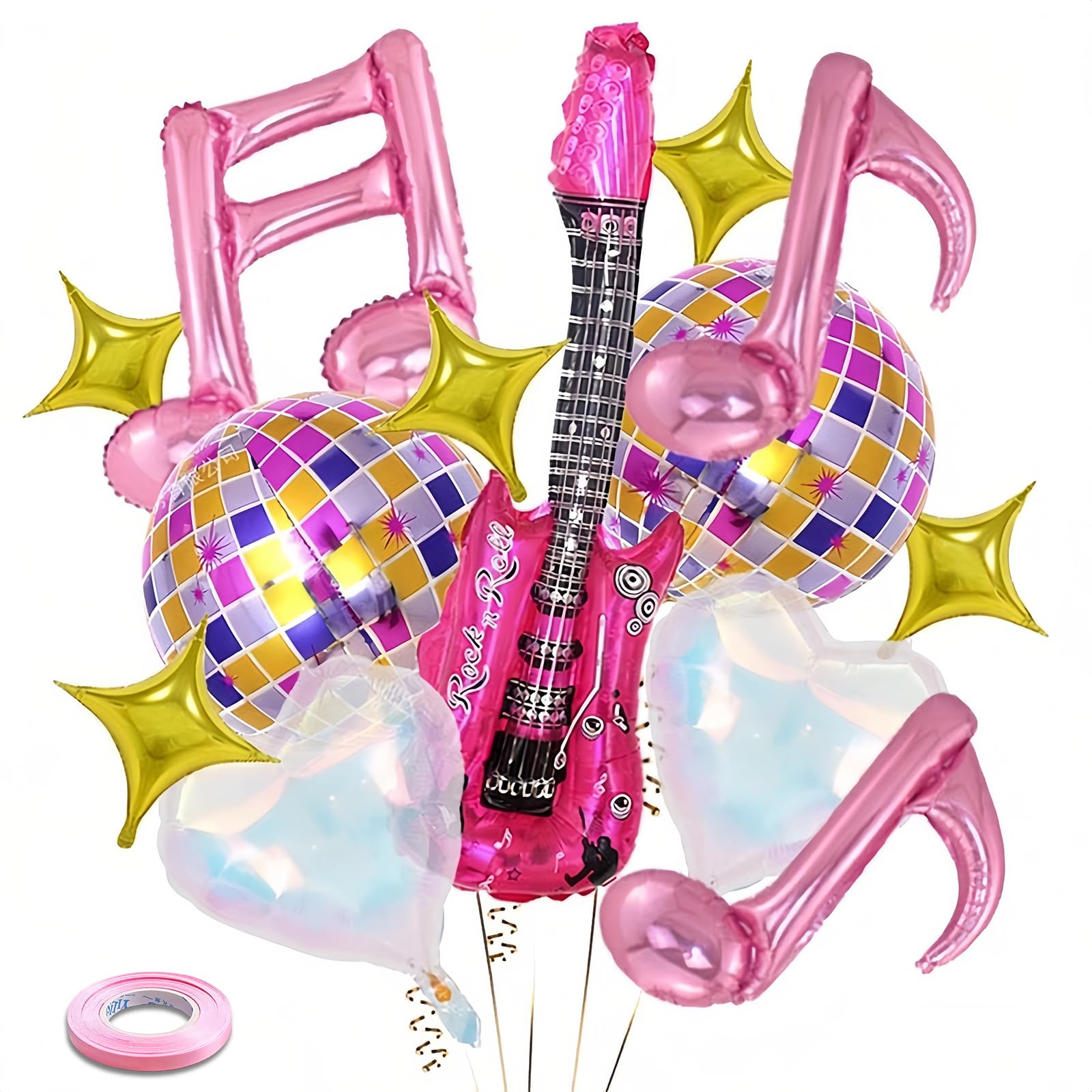 Rock and Roll Party Decorations, 14Pcs Music Party Decorations Disco Ball Guitar Note Balloons Set in Rose Pink, Perfect for Rock Concert Birthday Parties Retro Events or Disco Parties