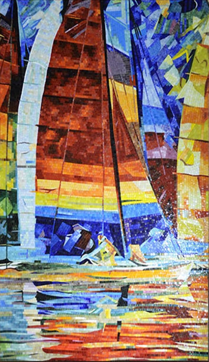 Rainbow Regatta Aquatic Mosaic | Stunning Mosaic Design | Marble Mosaics By Mosaics Lab | Handmade Mixed | This Masterpiece Is Great As Wall Art | Perfect For Any Office, Living Room.
